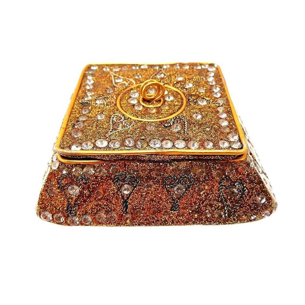 Gold Enamel Trinket Ring Box Metallic Fleck Finish Rhinestones Inlaid Hearts